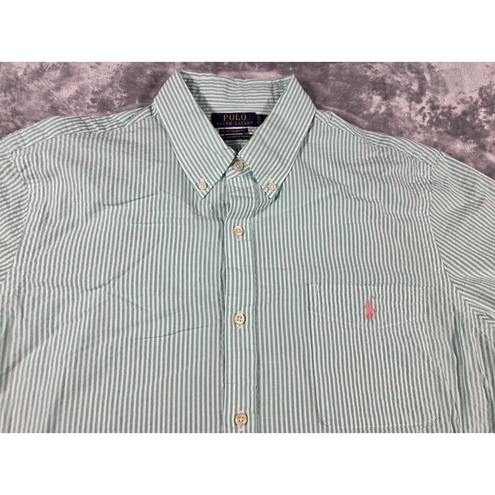 Polo‎ Ralph Lauren Untucked Fit Mint Blue,White Stripe Seersucker Shirt XL